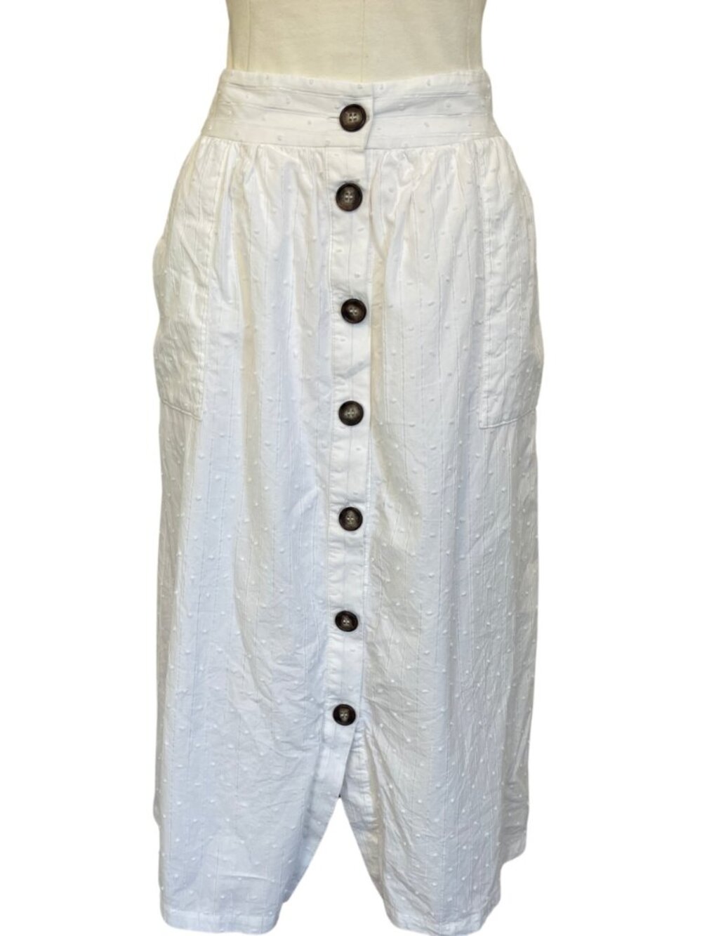 FRNCH White Swiss Dot with Metallic Silver Thread Skirt with Buttons Size M